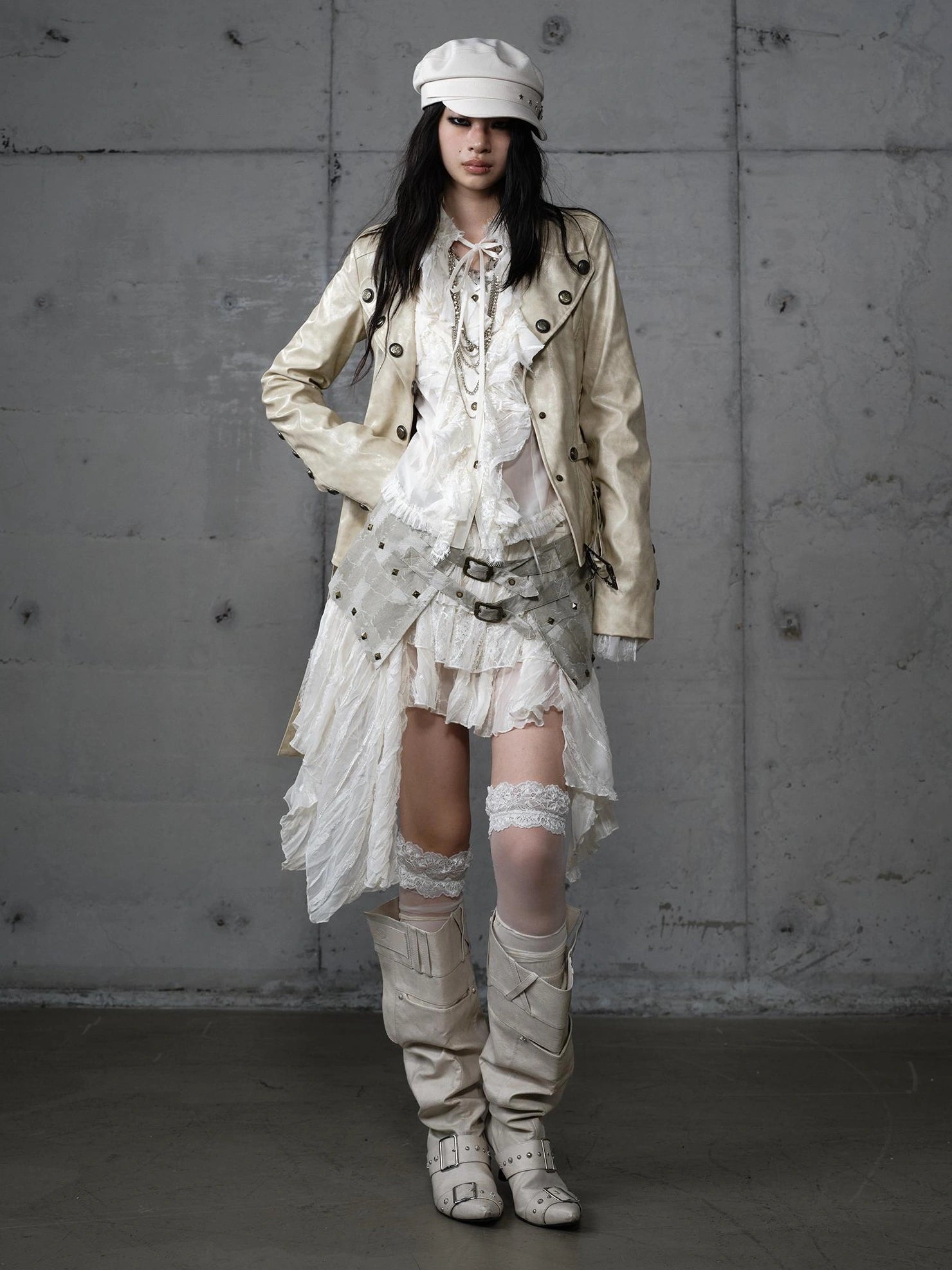 NO ROMANCE Asymmetrical Hem Tiered Lace Patchwork Mid Waist Punk Non Stretch Women Skirt