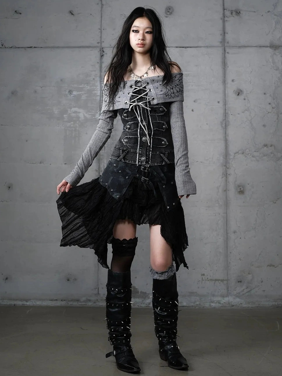 NO ROMANCE Asymmetrical Hem Tiered Lace Patchwork Mid Waist Punk Non Stretch Women Skirt