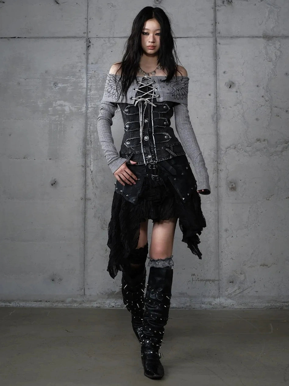 NO ROMANCE Asymmetrical Hem Tiered Lace Patchwork Mid Waist Punk Non Stretch Women Skirt