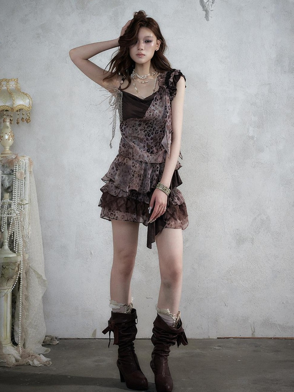 NO ROMANCE Asymmetrical Leopard Cami Faux Two Piece Women&
