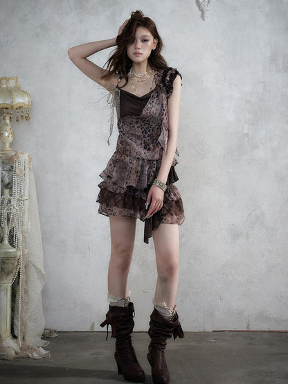 NO ROMANCE Asymmetrical Leopard Cami Faux Two Piece Women&