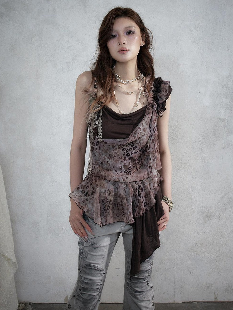 NO ROMANCE Asymmetrical Leopard Cami Faux Two Piece Women&