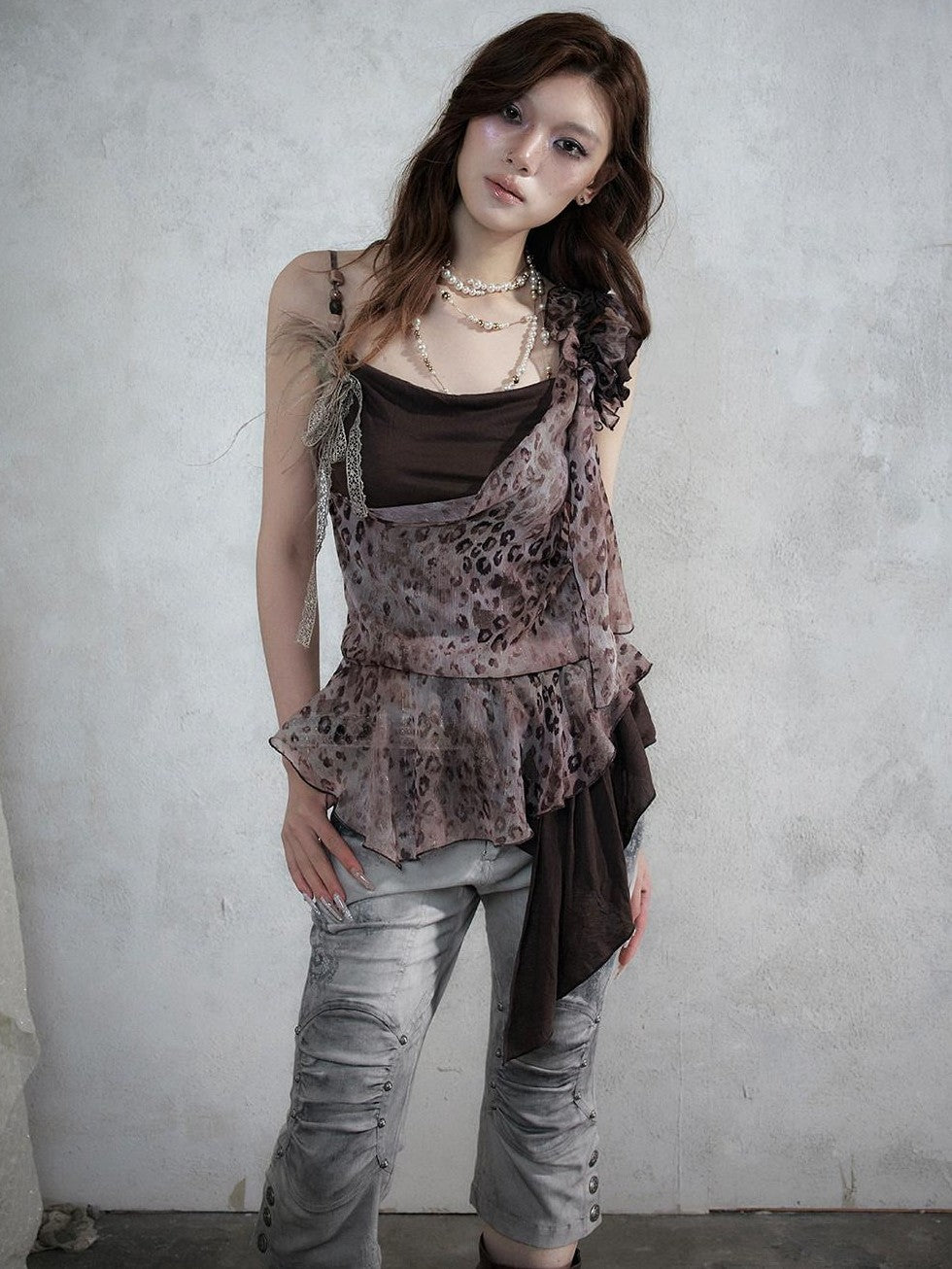 NO ROMANCE Asymmetrical Leopard Cami Faux Two Piece Women&