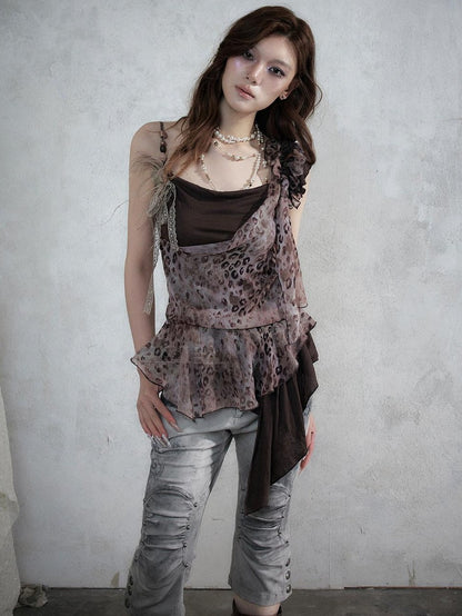 NO ROMANCE Asymmetrical Leopard Cami Faux Two Piece Women&