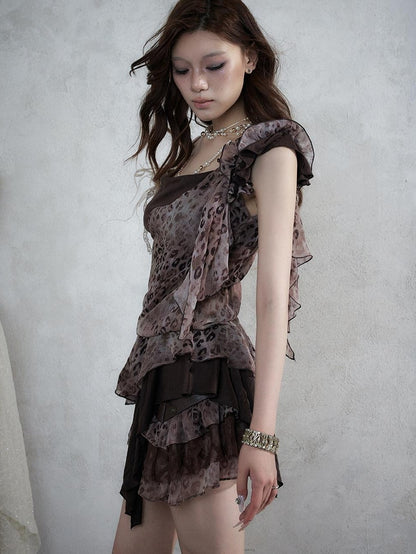 NO ROMANCE Asymmetrical Leopard Cami Faux Two Piece Women&