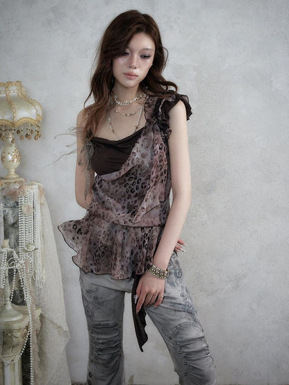 NO ROMANCE Asymmetrical Leopard Cami Faux Two Piece Women&