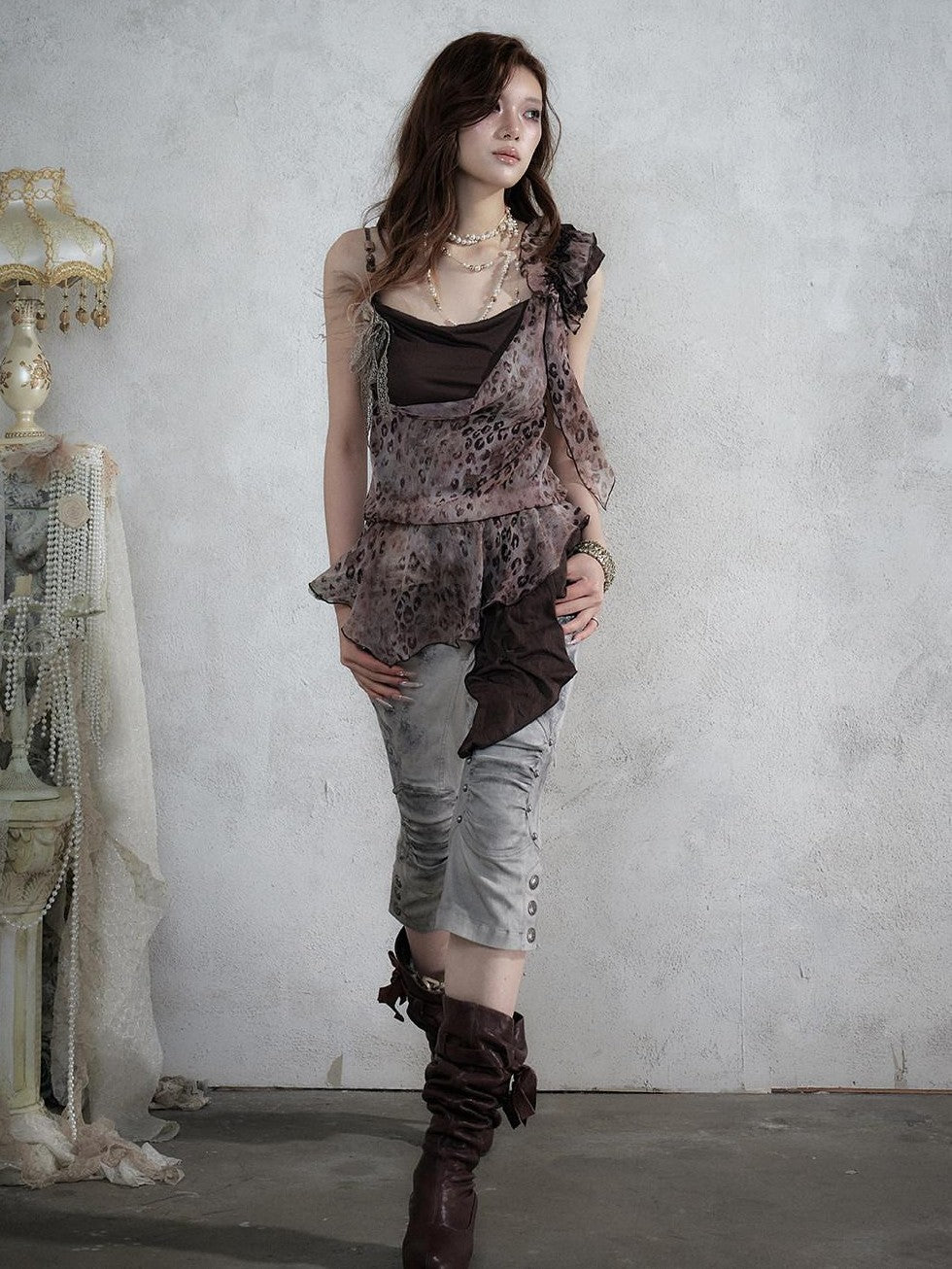 NO ROMANCE Asymmetrical Leopard Cami Faux Two Piece Women&