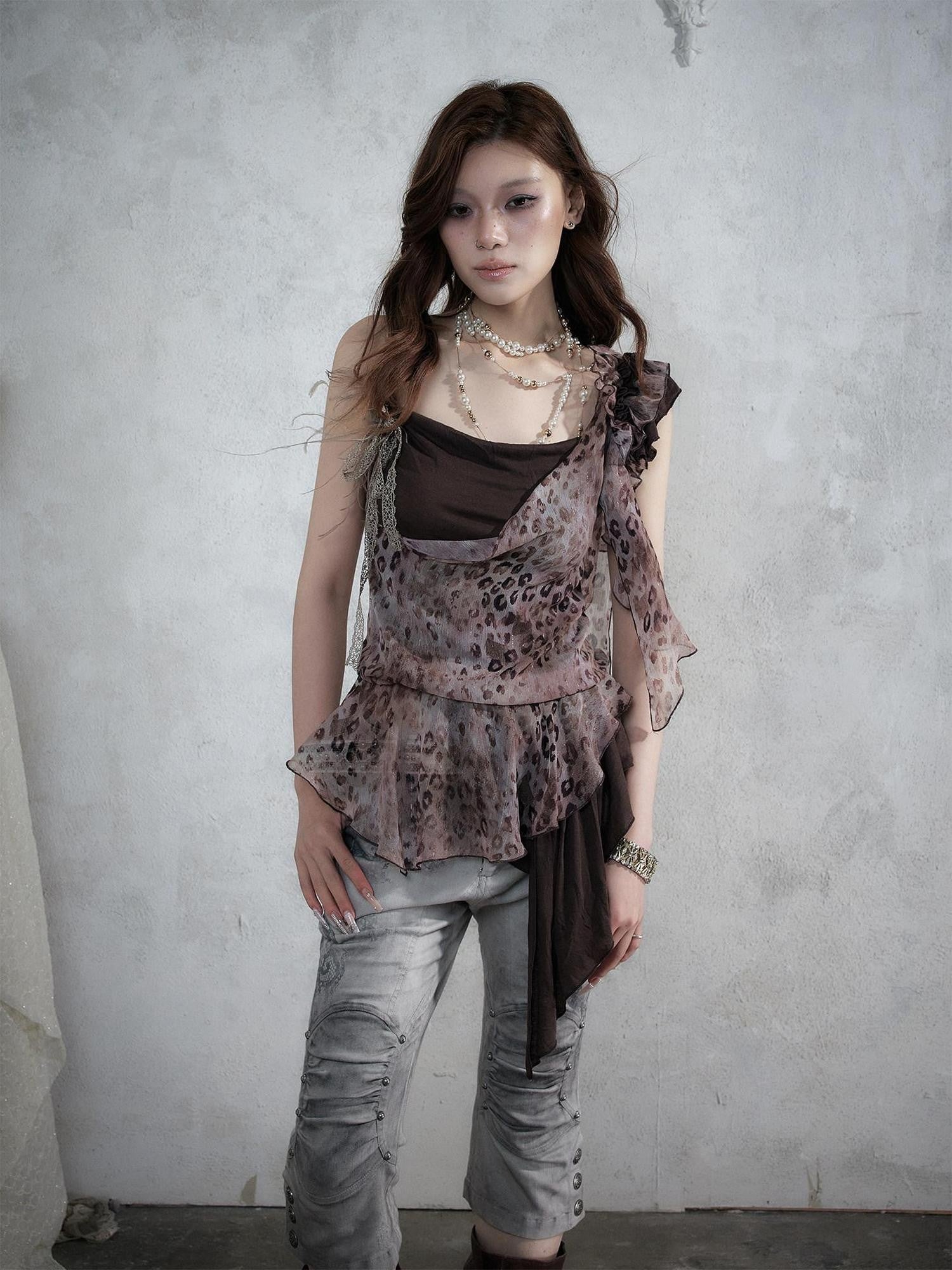 NO ROMANCE Asymmetrical Leopard Cami Faux Two Piece Women&