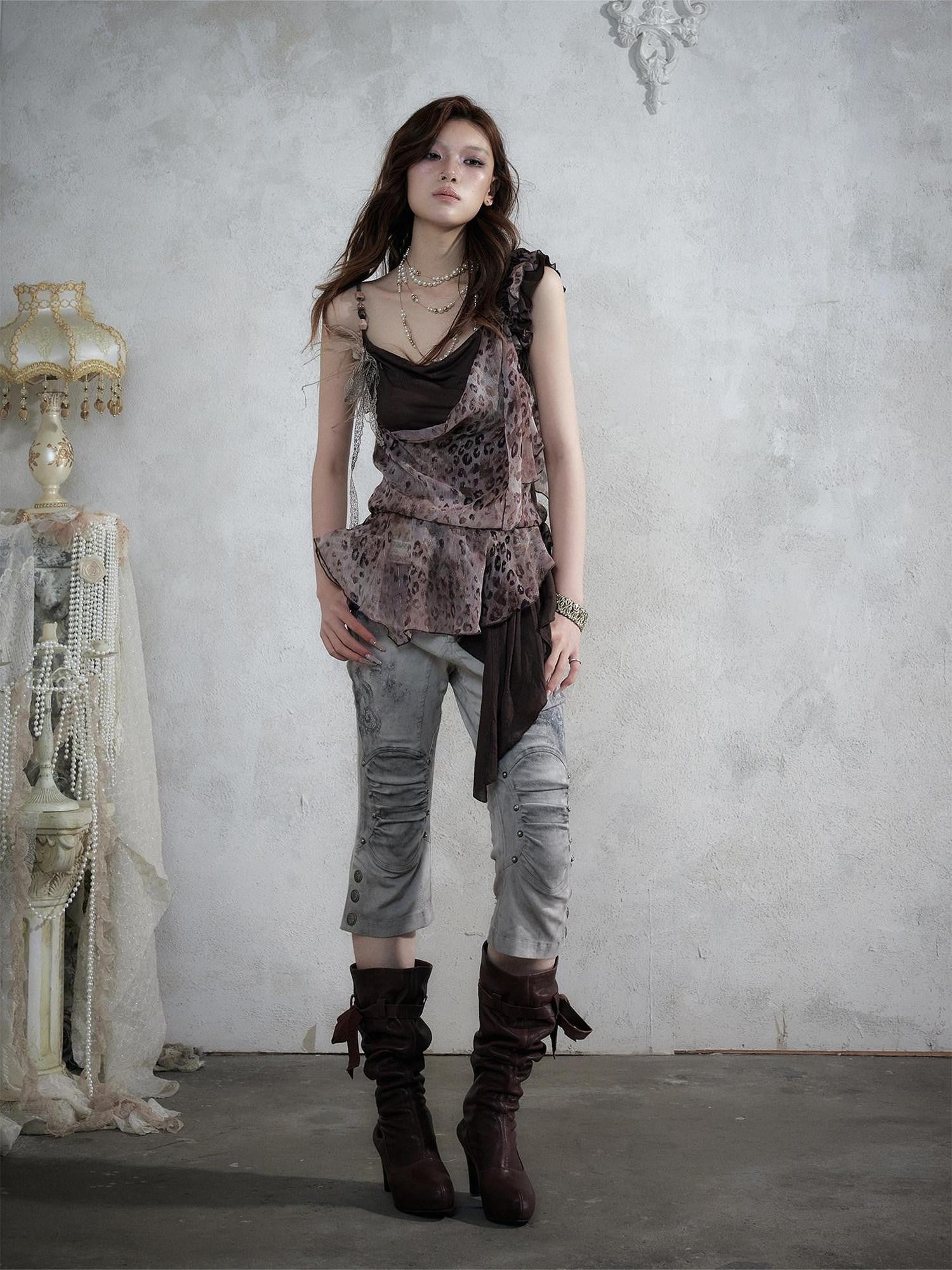 NO ROMANCE Asymmetrical Leopard Cami Faux Two Piece Women&