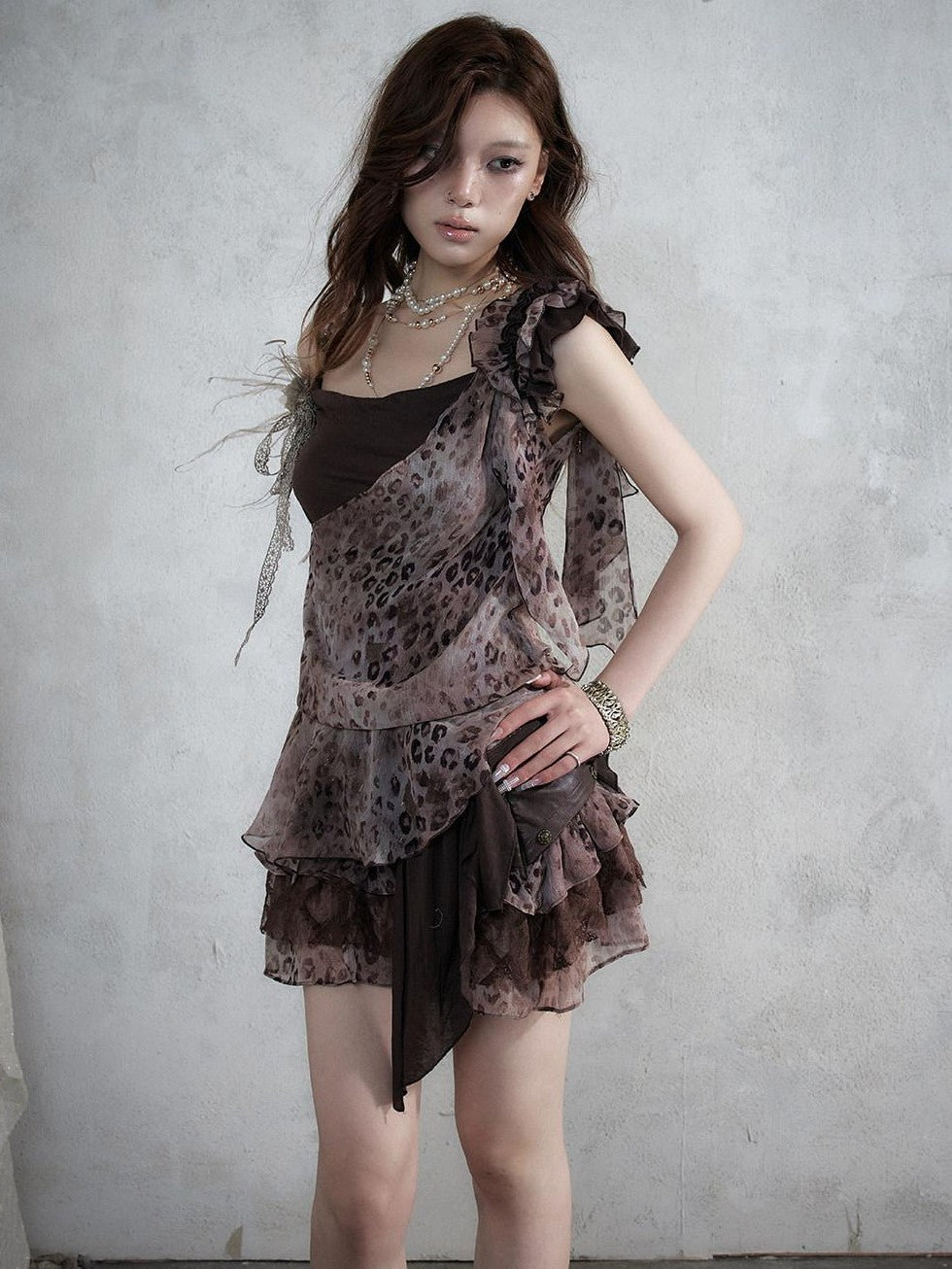 NO ROMANCE Asymmetrical Leopard Cami Faux Two Piece Women&