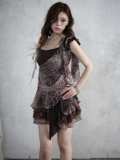 NO ROMANCE Asymmetrical Leopard Cami Faux Two Piece Women&