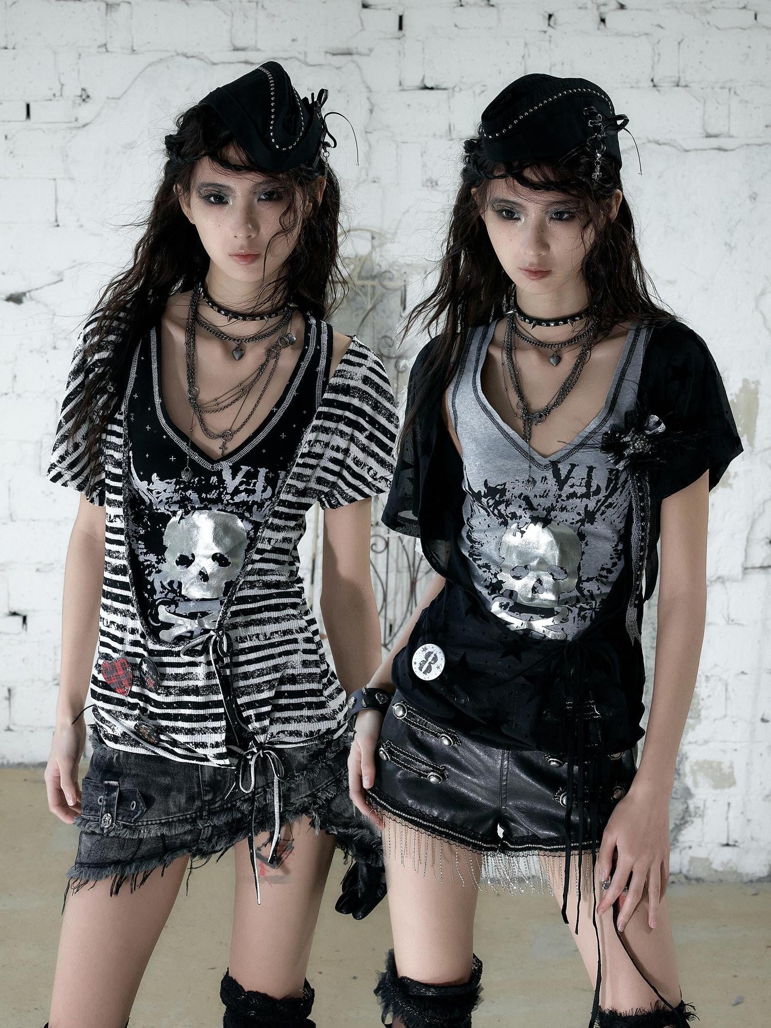 NO ROMANCE Asymmetrical Sleeve Printed Punk Striped Women&