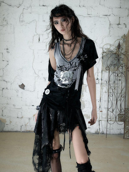 NO ROMANCE Asymmetrical Sleeve Printed Punk Striped Women&