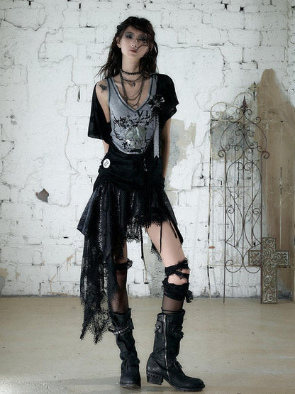 NO ROMANCE Asymmetrical Sleeve Printed Punk Striped Women&