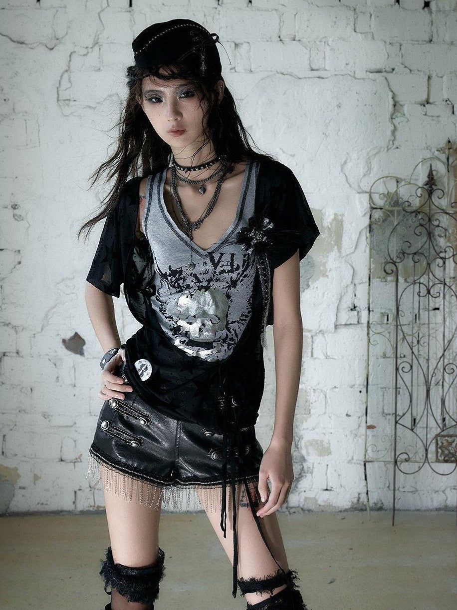 NO ROMANCE Asymmetrical Sleeve Printed Punk Striped Women&