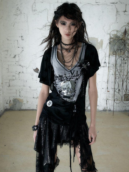 NO ROMANCE Asymmetrical Sleeve Printed Punk Striped Women&