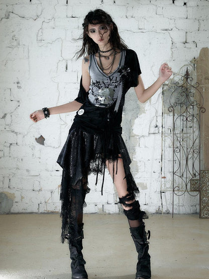 NO ROMANCE Asymmetrical Sleeve Printed Punk Striped Women&