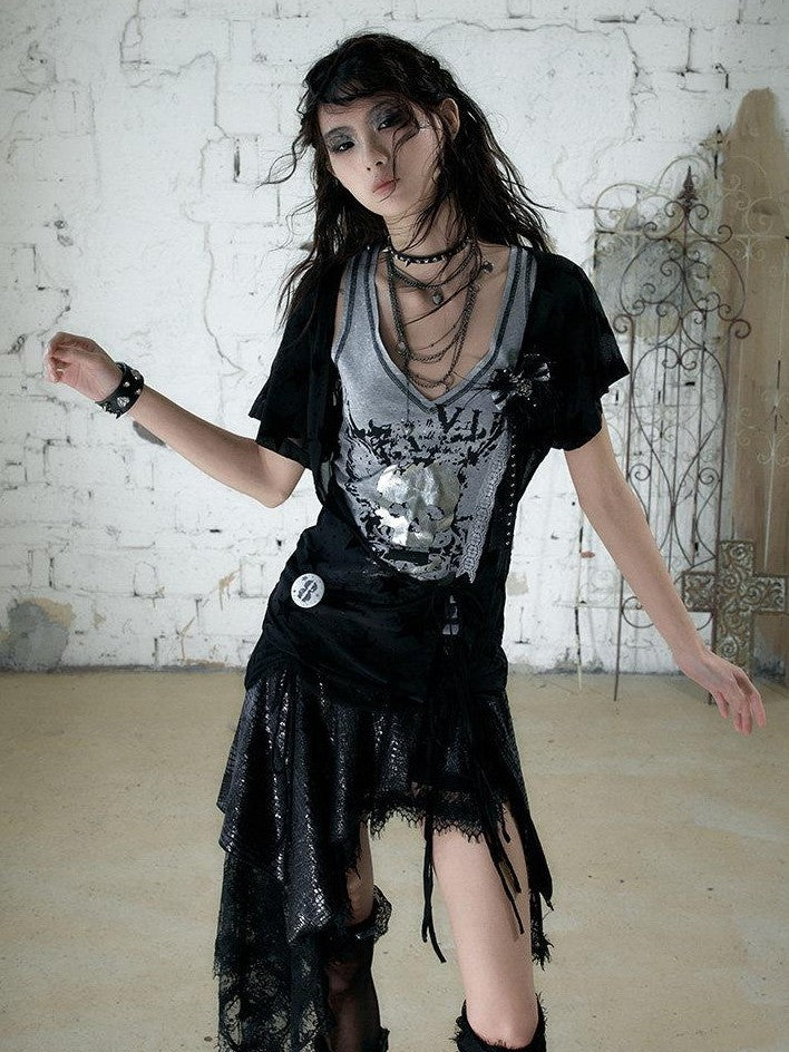 NO ROMANCE Asymmetrical Sleeve Printed Punk Striped Women&