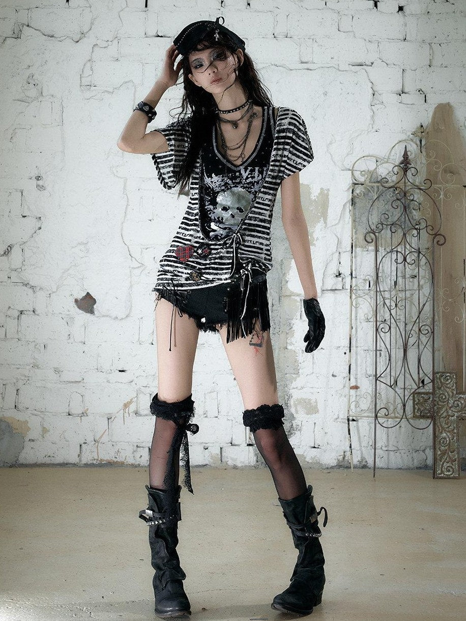 NO ROMANCE Asymmetrical Sleeve Printed Punk Striped Women&