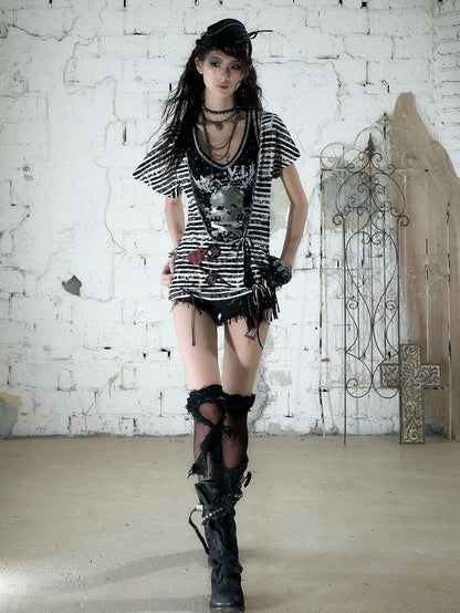 NO ROMANCE Asymmetrical Sleeve Printed Punk Striped Women&