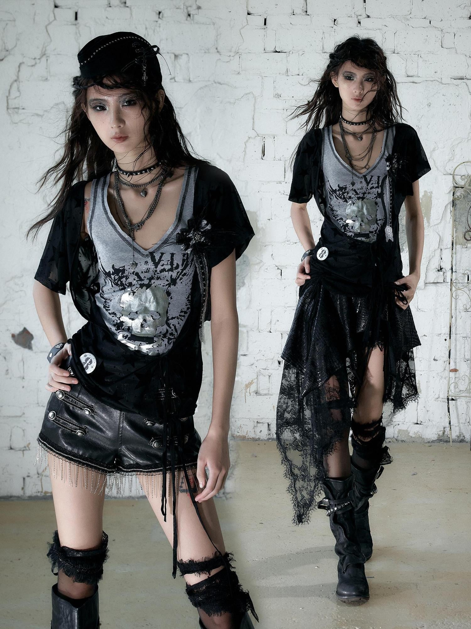 NO ROMANCE Asymmetrical Sleeve Printed Punk Striped Women&