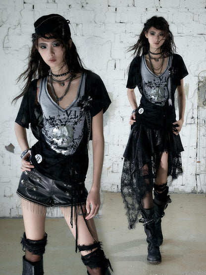 NO ROMANCE Asymmetrical Sleeve Printed Punk Striped Women&