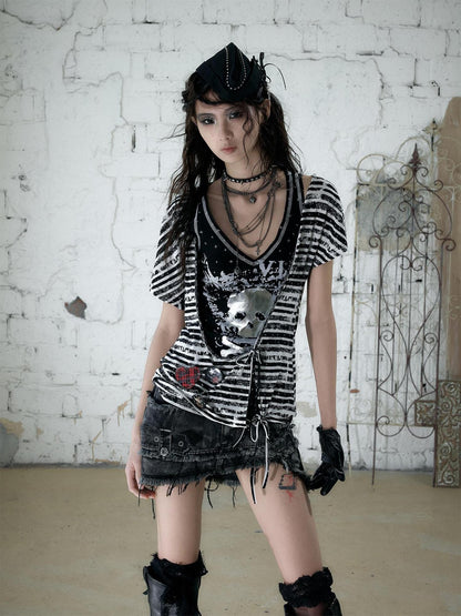 NO ROMANCE Asymmetrical Sleeve Printed Punk Striped Women&