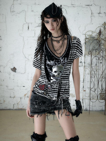 NO ROMANCE Asymmetrical Sleeve Printed Punk Striped Women&