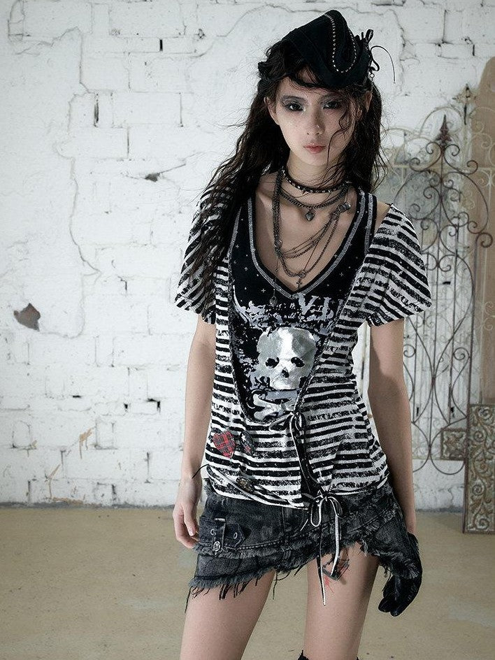 NO ROMANCE Asymmetrical Sleeve Printed Punk Striped Women&