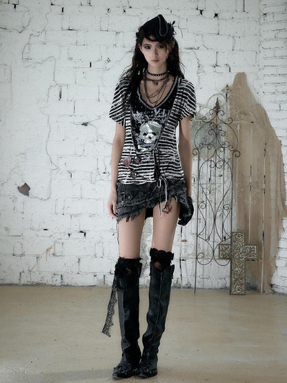 NO ROMANCE Asymmetrical Sleeve Printed Punk Striped Women&