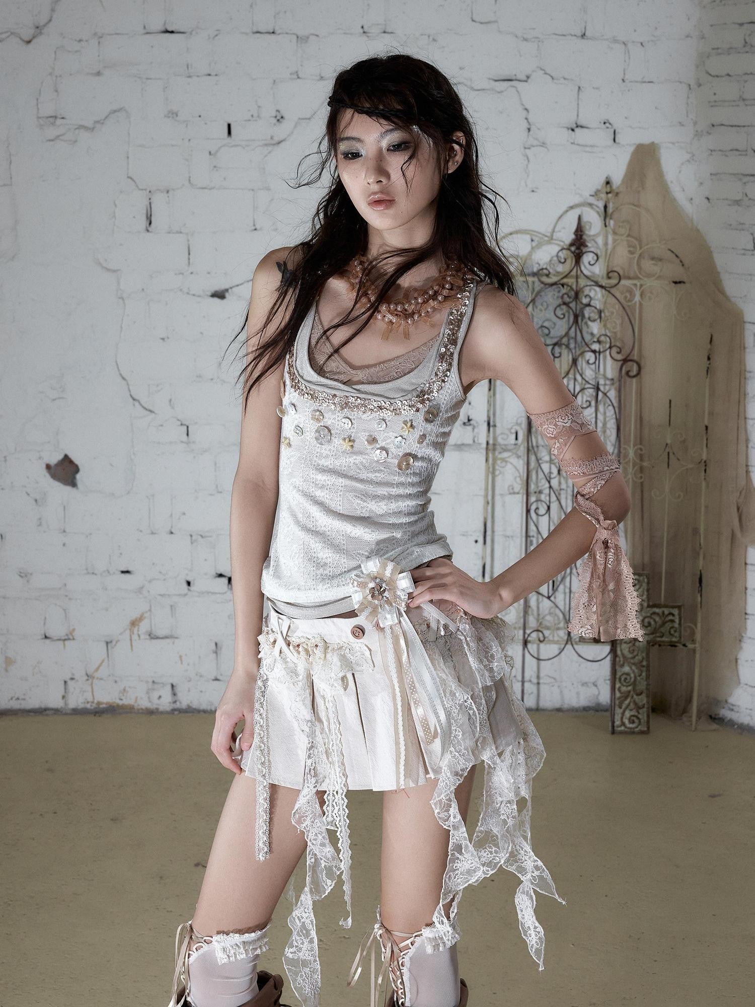 NO ROMANCE Ballet Punk Faux Layered Shell Button Slim Fit Lace Knitted Women&