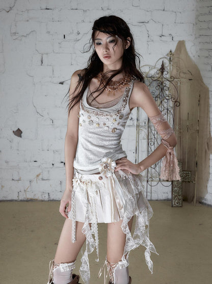 NO ROMANCE Ballet Punk Faux Layered Shell Button Slim Fit Lace Knitted Women&