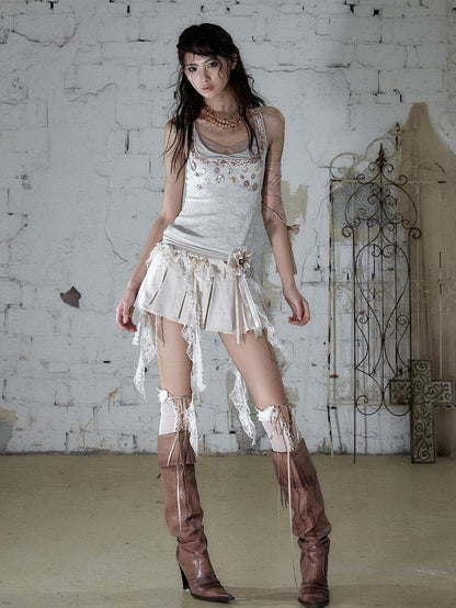 NO ROMANCE Ballet Punk Faux Layered Shell Button Slim Fit Lace Knitted Women&