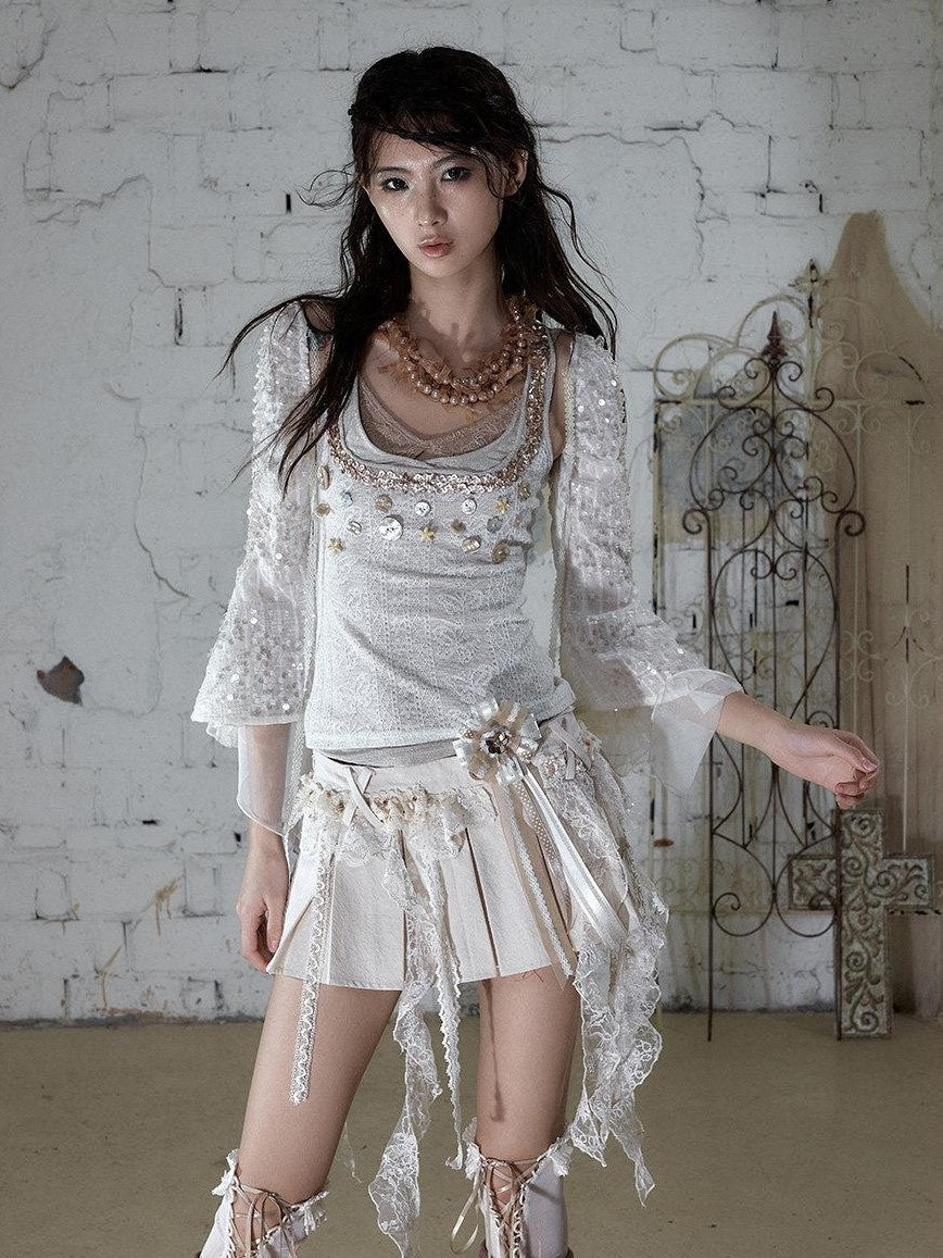 NO ROMANCE Ballet Punk Faux Layered Shell Button Slim Fit Lace Knitted Women&