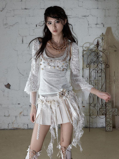 NO ROMANCE Ballet Punk Faux Layered Shell Button Slim Fit Lace Knitted Women&
