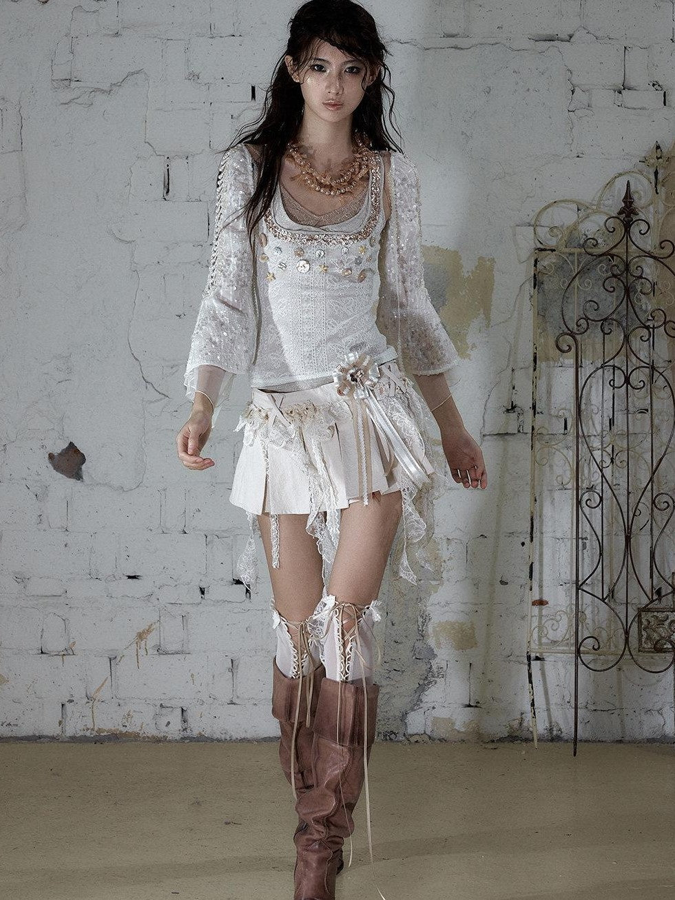 NO ROMANCE Ballet Punk Faux Layered Shell Button Slim Fit Lace Knitted Women&