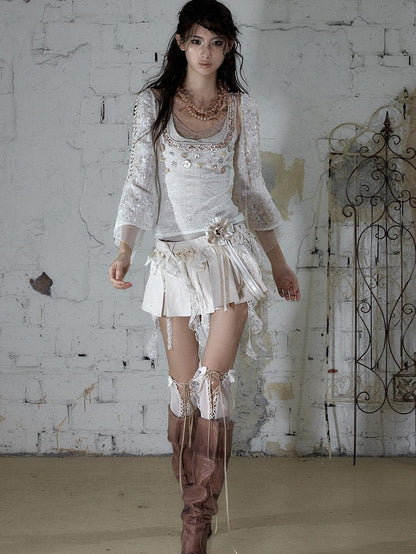 NO ROMANCE Ballet Punk Faux Layered Shell Button Slim Fit Lace Knitted Women&