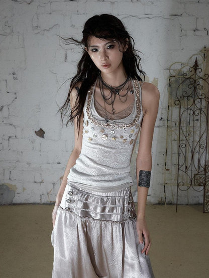 NO ROMANCE Ballet Punk Faux Layered Shell Button Slim Fit Lace Knitted Women&