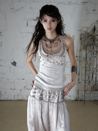 NO ROMANCE Ballet Punk Faux Layered Shell Button Slim Fit Lace Knitted Women&