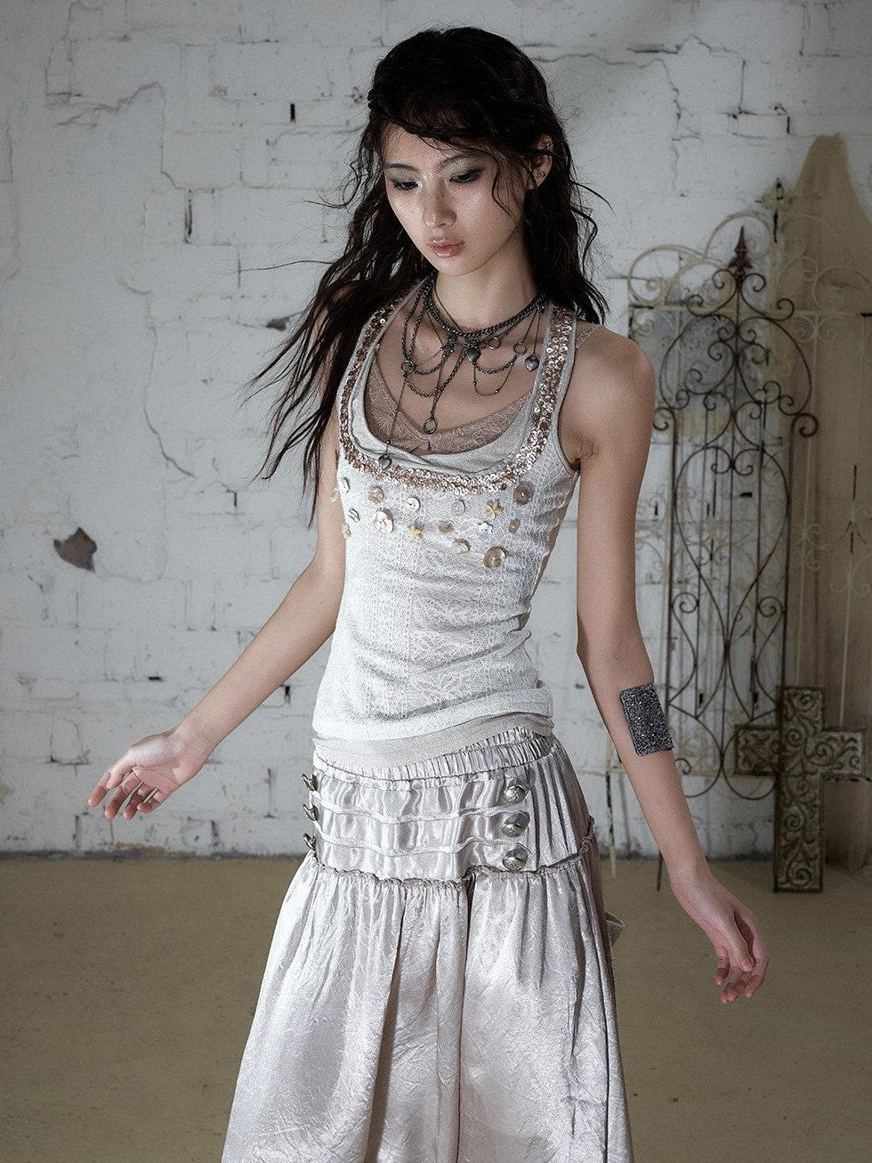 NO ROMANCE Ballet Punk Faux Layered Shell Button Slim Fit Lace Knitted Women&