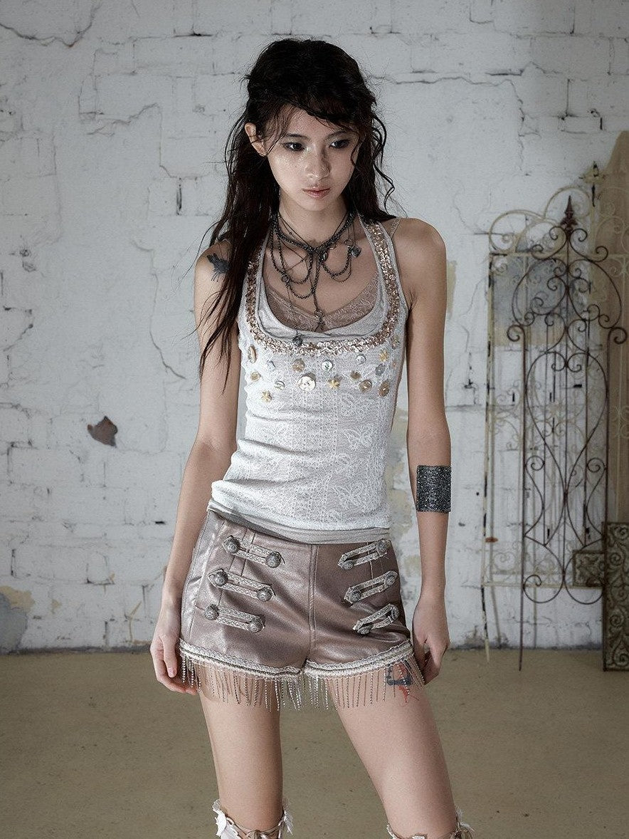 NO ROMANCE Ballet Punk Faux Layered Shell Button Slim Fit Lace Knitted Women&