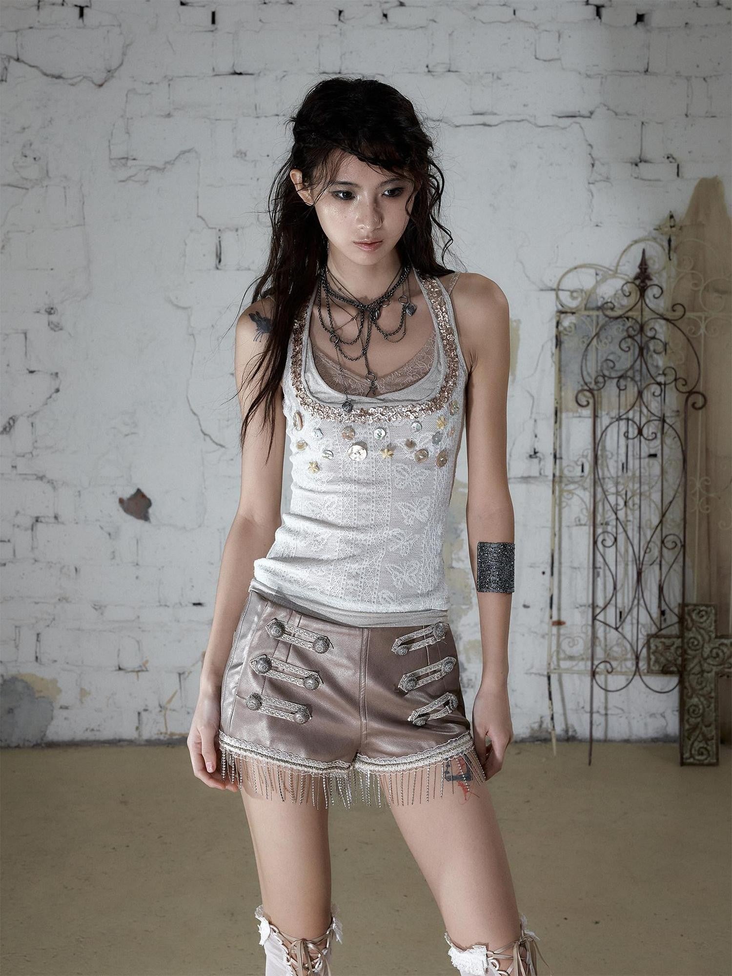 NO ROMANCE Ballet Punk Faux Layered Shell Button Slim Fit Lace Knitted Women&