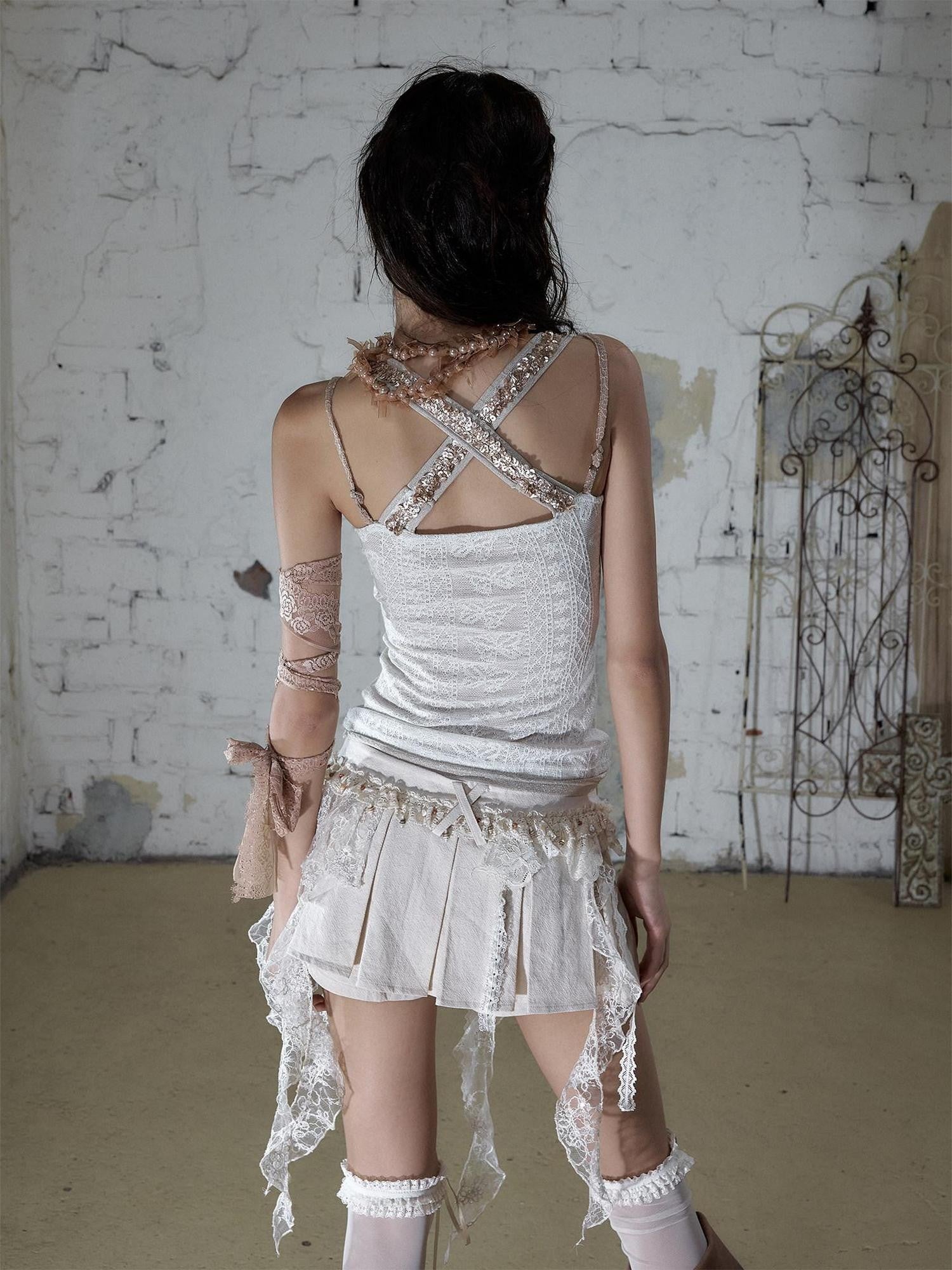 NO ROMANCE Ballet Punk Faux Layered Shell Button Slim Fit Lace Knitted Women&