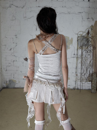 NO ROMANCE Ballet Punk Faux Layered Shell Button Slim Fit Lace Knitted Women&