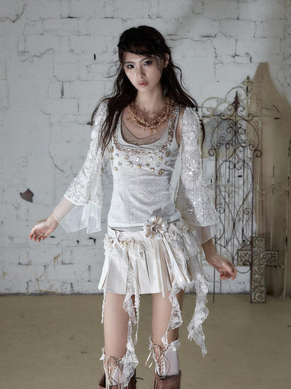 NO ROMANCE Ballet Punk Faux Layered Shell Button Slim Fit Lace Knitted Women&