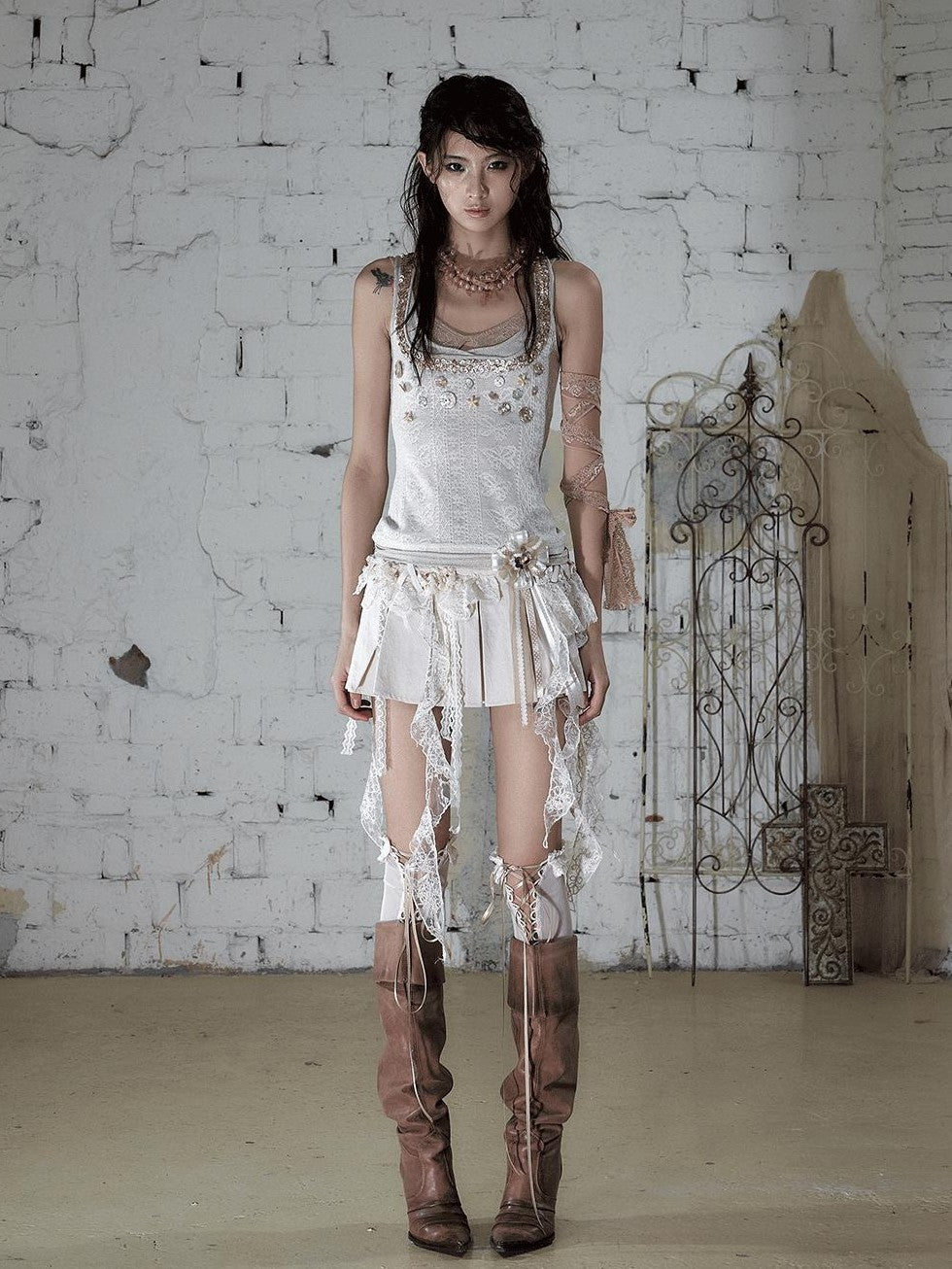 NO ROMANCE Ballet Punk Faux Layered Shell Button Slim Fit Lace Knitted Women&