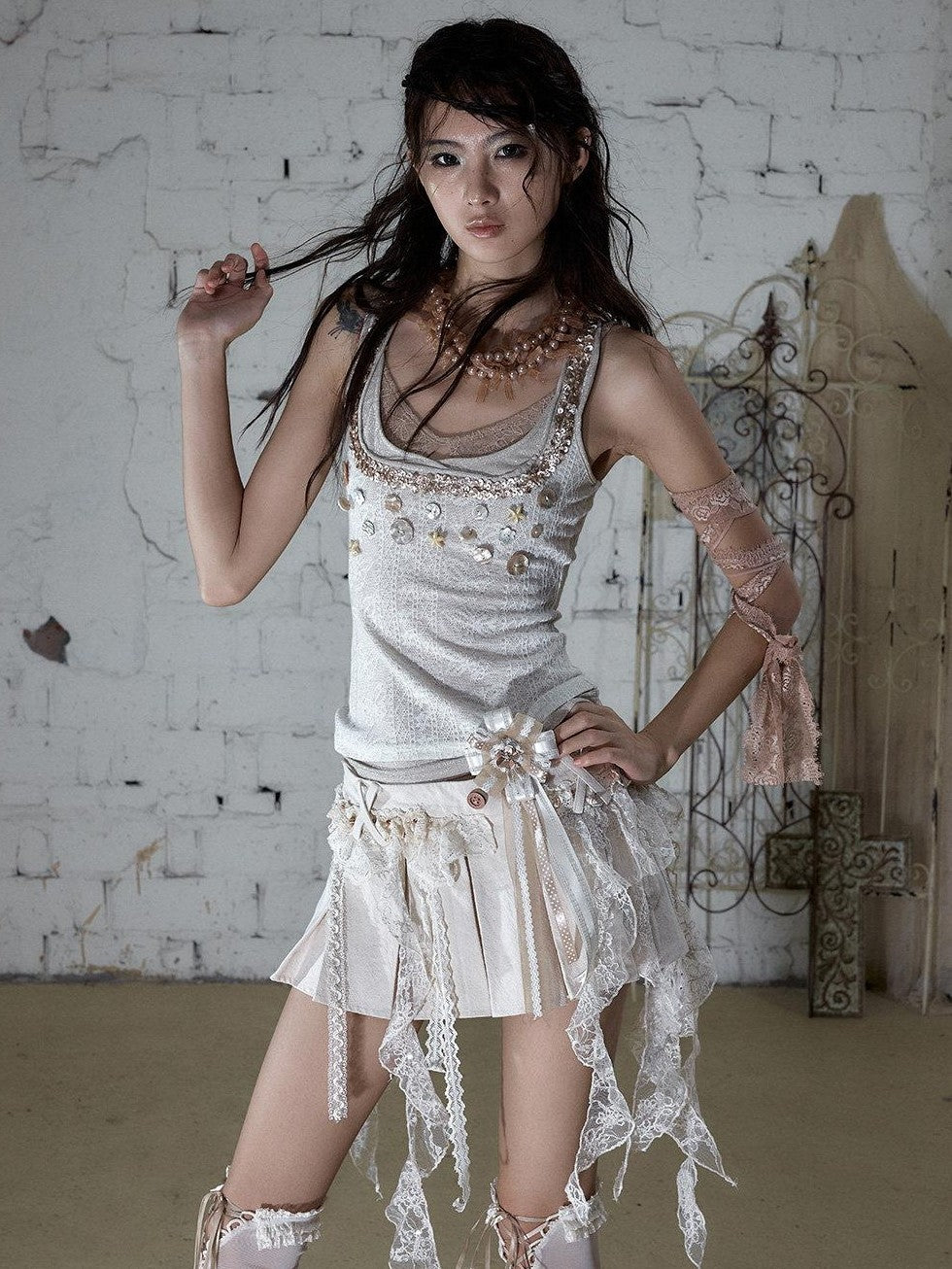 NO ROMANCE Ballet Punk Faux Layered Shell Button Slim Fit Lace Knitted Women&