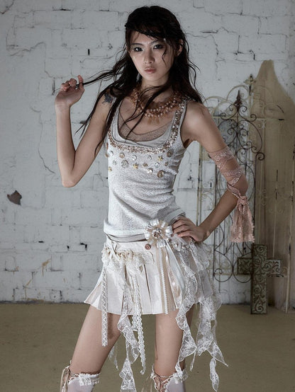 NO ROMANCE Ballet Punk Faux Layered Shell Button Slim Fit Lace Knitted Women&