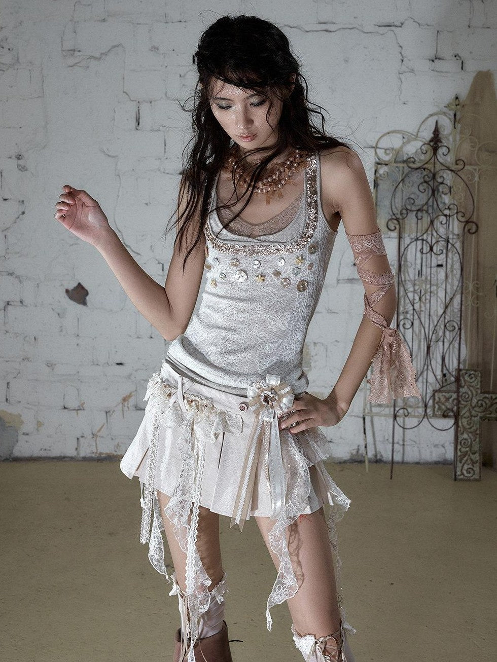 NO ROMANCE Baroque Ballet Lace Trim Asymmetrical Pleated High Waist Women&