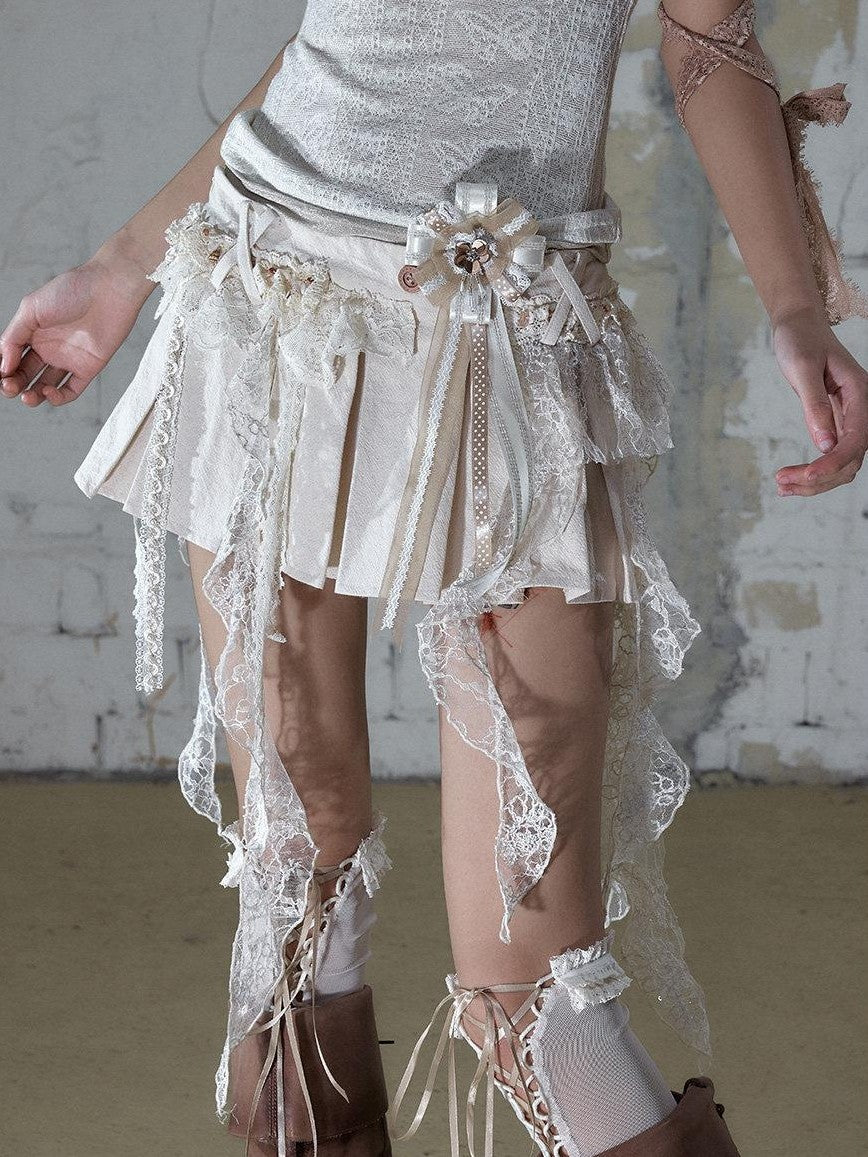 NO ROMANCE Baroque Ballet Lace Trim Asymmetrical Pleated High Waist Women&